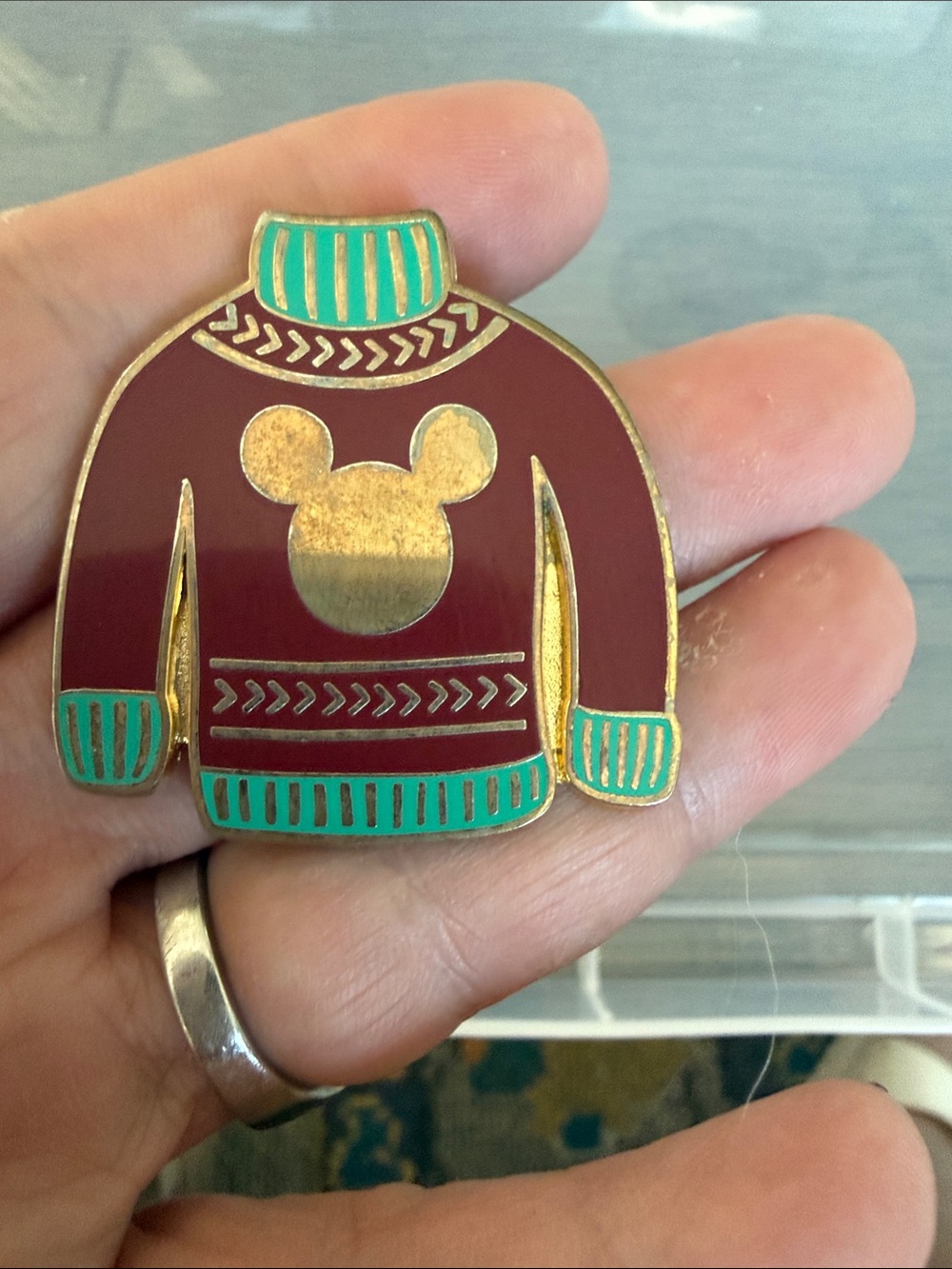 Holiday Disney Red Sweater Ornament Pin with Turquoise Trim